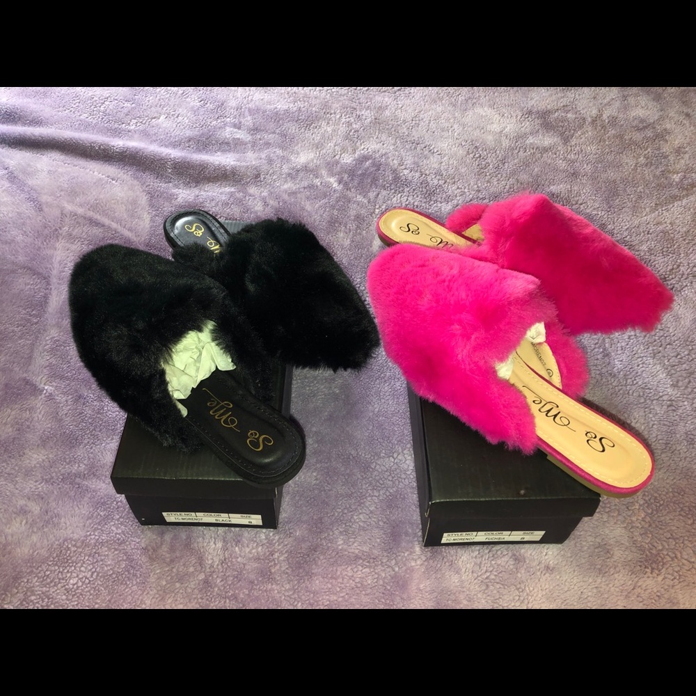 Fun fur slippers.